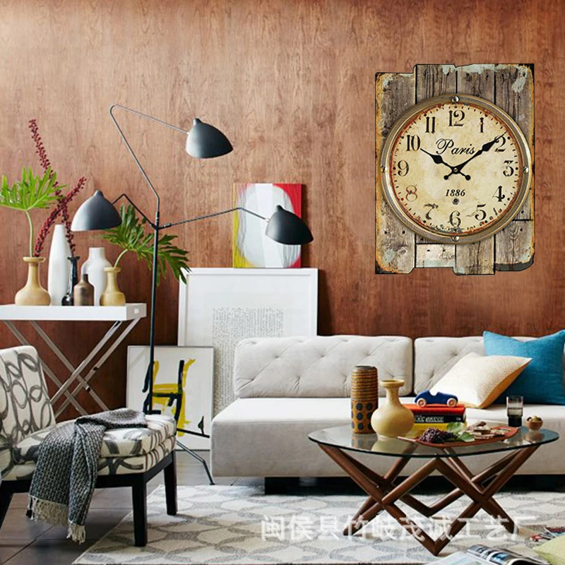 Large Square Wall Clock Retro Wood Creative Vintage Clocks Wall Home Decor Shabby Chic Silent Wall Watch Orologio Da Parete D079