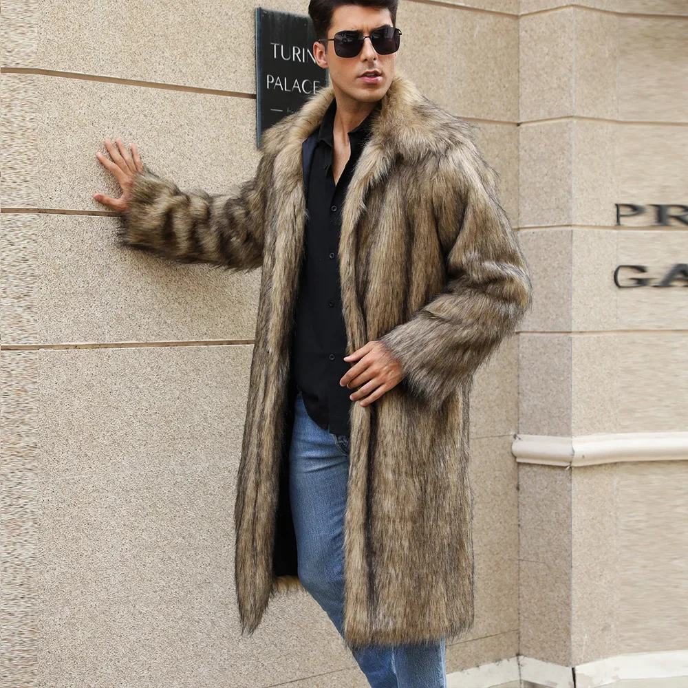 Men Faux Fox Fur Jacket Coat Turn Down Collar Winter Thick Fluffy Long Sleeve Warm Shaggy Outerwear Luxury Fur Long Jackets Mens