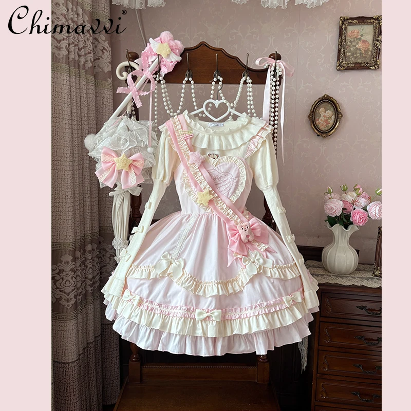 الأصلي اليابانية الحلو فتاة لطيف لوليتا فستان بحزام 2025 الخريف الملابس Kawaii القوس عالية الخصر أنيقة الأميرة JSK فساتين #1