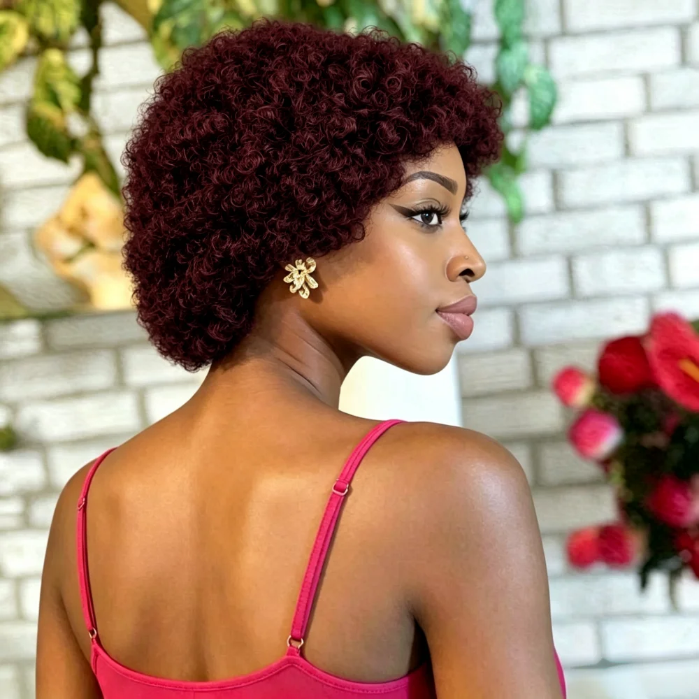 Perruque courte bouclée afro en cheveux humains entièrement confectionnée à la machine pour femmes, perruque en cheveux humains sans dentelle, fabriquée à la machine, perruque courte bouclée naturelle.