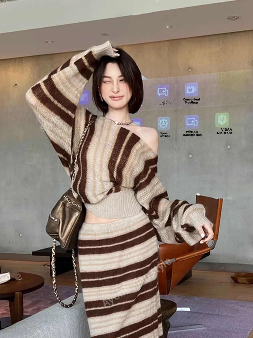 

Korean Style Striped Slant Shoulder Knitwear Women's Loose Fit Long Sleeve Top Lazy Style Autumn Fashion High End Sweater