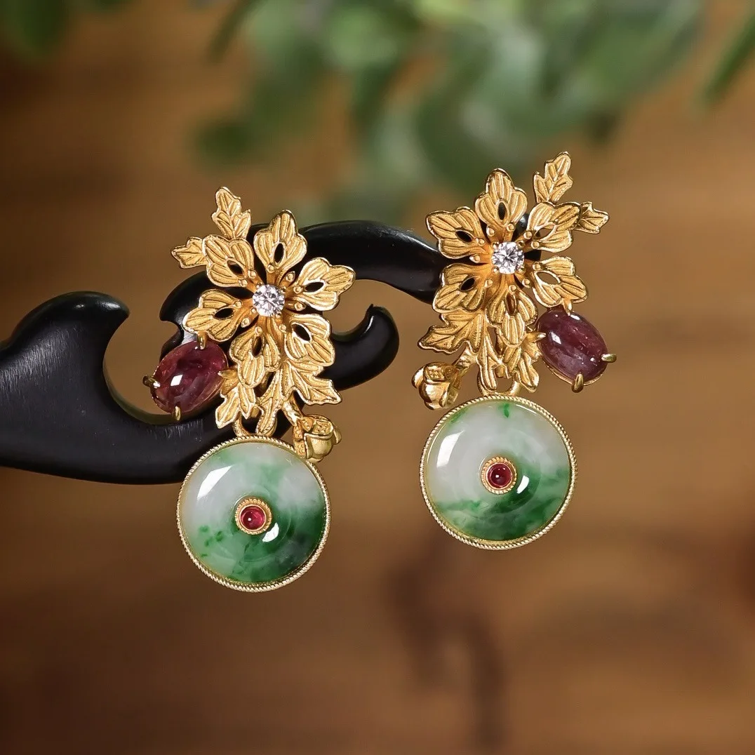 Natural A Grade Floating Green Jade Ping An Buckle Earrings S925 Gold Plated Silver Floral Inlaid Pink Tourmaline Drop Earrings