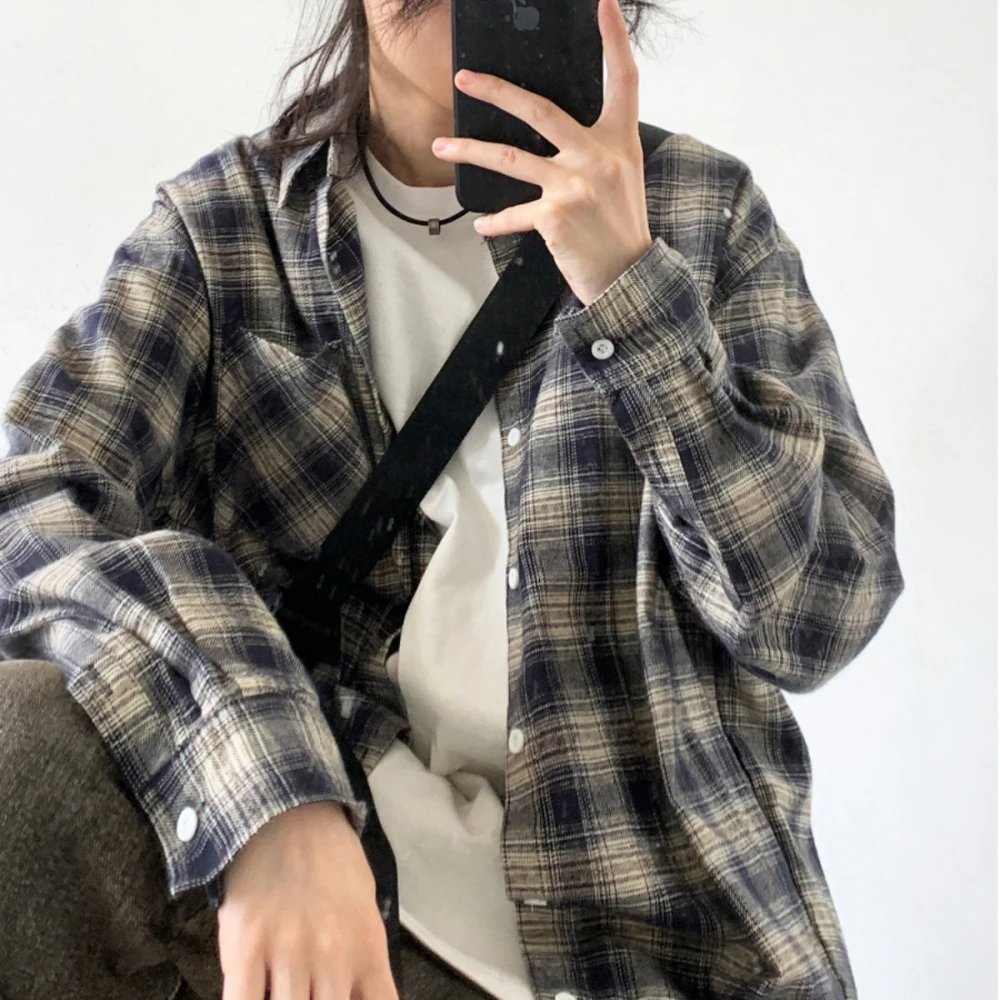 Japanese Vintage Cotton Plaid Shirt Spring Autumn Harajuku Casual Loose Long Sleeve For Men Women Clothing Fashion Tops Unisex