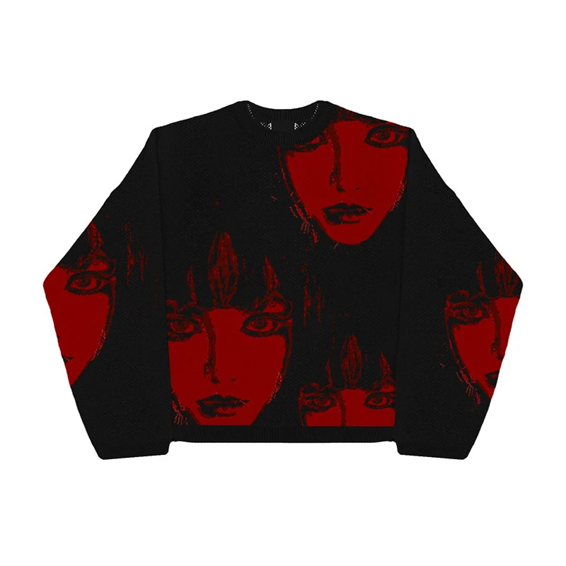 

Autumn and Winter New Red Gothic Terror Jacquard Sweater Knitted Sweater Winter Warm Top Harajuku Sweater y2k New Sweater