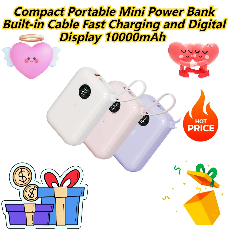 

Compact Portable Mini Power Bank Built-in Cable Fast Charging and Digital Display 10000mAh