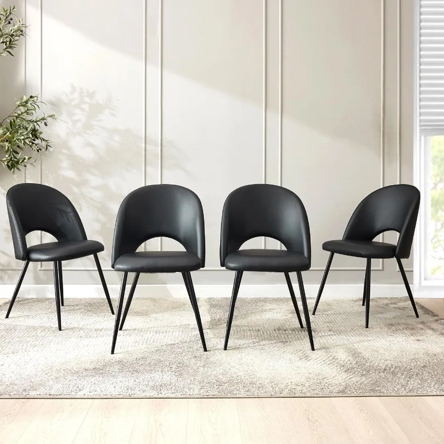 Juego de 4 sillas de comedor negras, cómodas sillas modernas con asiento acolchado suave y patas de metal resistentes, sillas de cocina de cuero para D