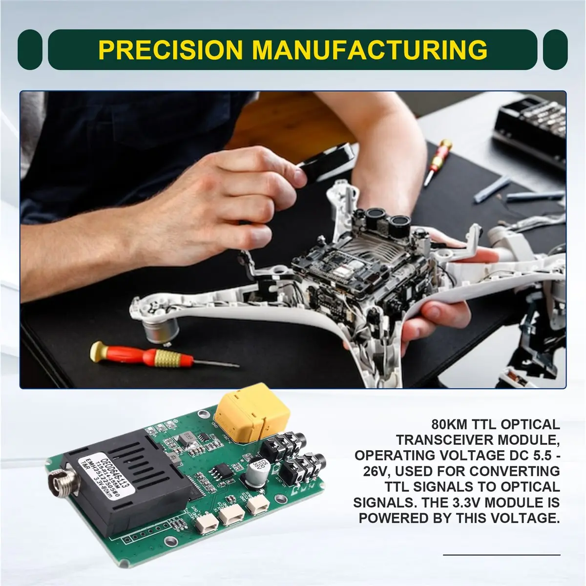 Y1701A*☀▃80KM TTL Optical Transceiver Module Optical Terminal Equipment Drone-Specific DC 5.5-26V RX Ground End