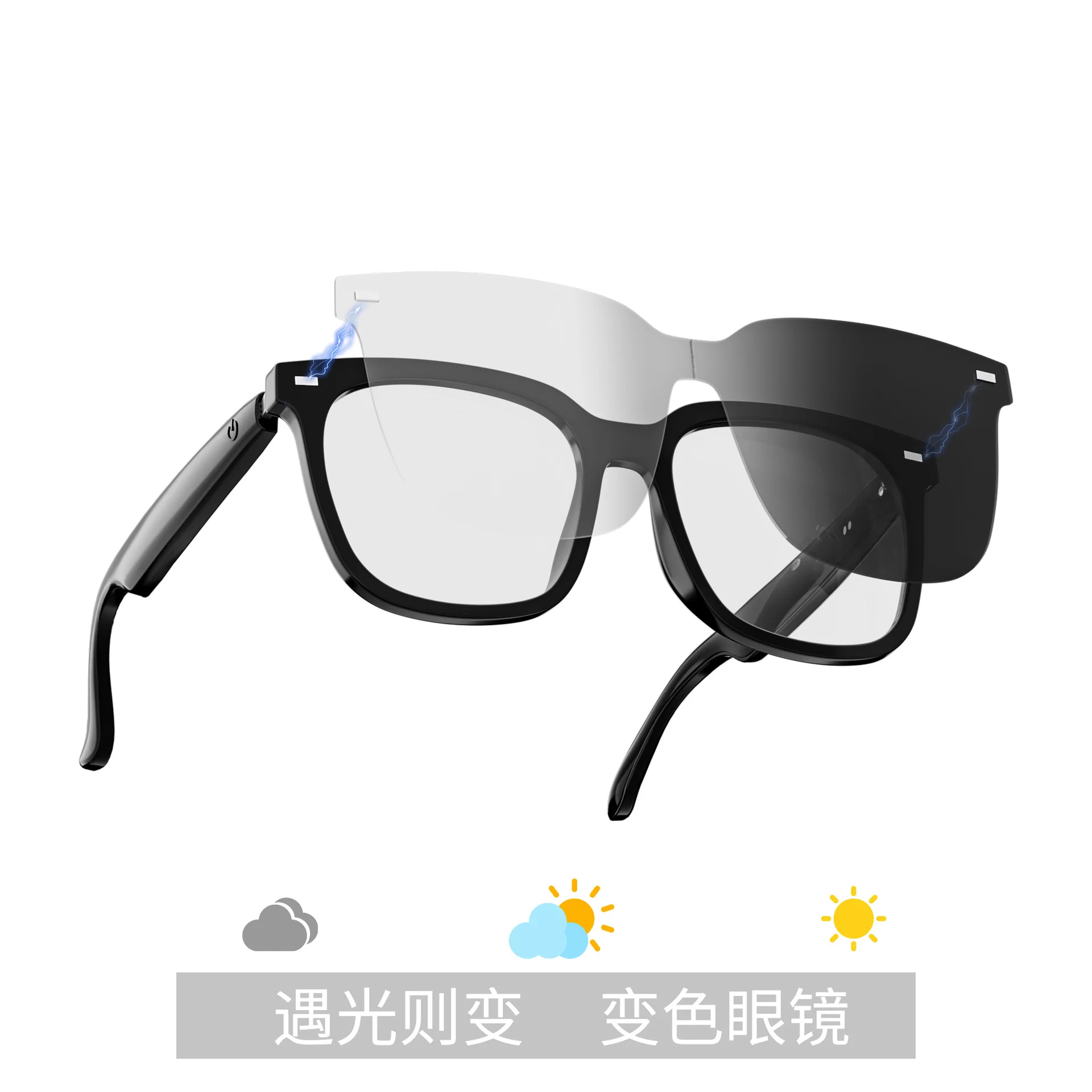 Smart glasses provide real-time translation for meeting notes. Video calls feature music and AI. Color-changing function is univ