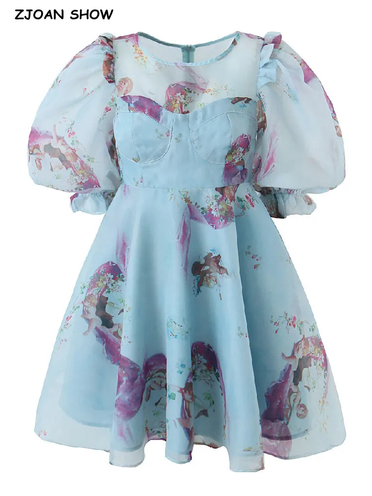 Princess Blue Beautiful Girl Flower Print Organza Ball Gown Dress Puff Sleeve Retro Women Swing Short Fairy Party Mini Robe