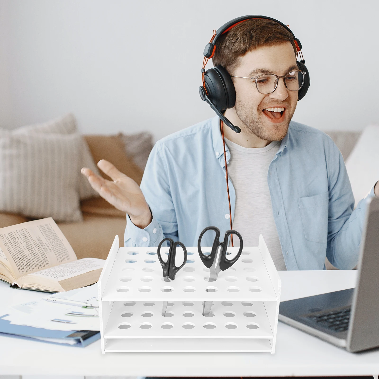 

Art Scissors Holder 35 Holes Wooden Scissors Rack Multifunctional Organizer for Classroom School Office Desktop Storage Rack