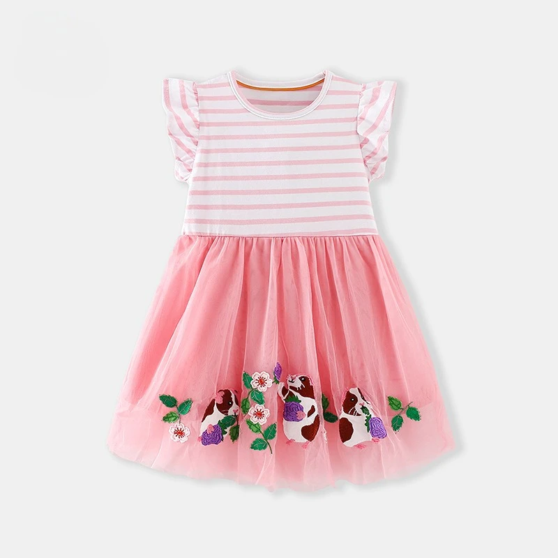 2026 Spring And Summer New Children's Lotus Leaf Sleeve Dress with Animal Embroidery Girls' Striped Round Neck Mesh Dress