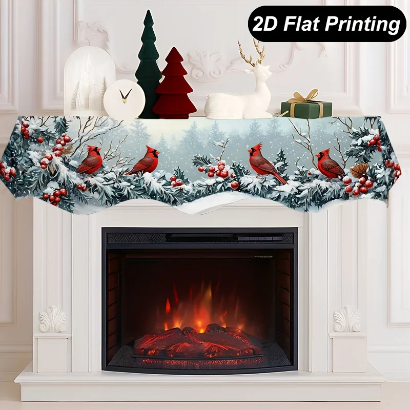 VIKAMA Christmas Fireplace Mantel Scarf Winter Cardinal Bird Berry Mantel Topper Snowy Forest Home Holiday Decoration