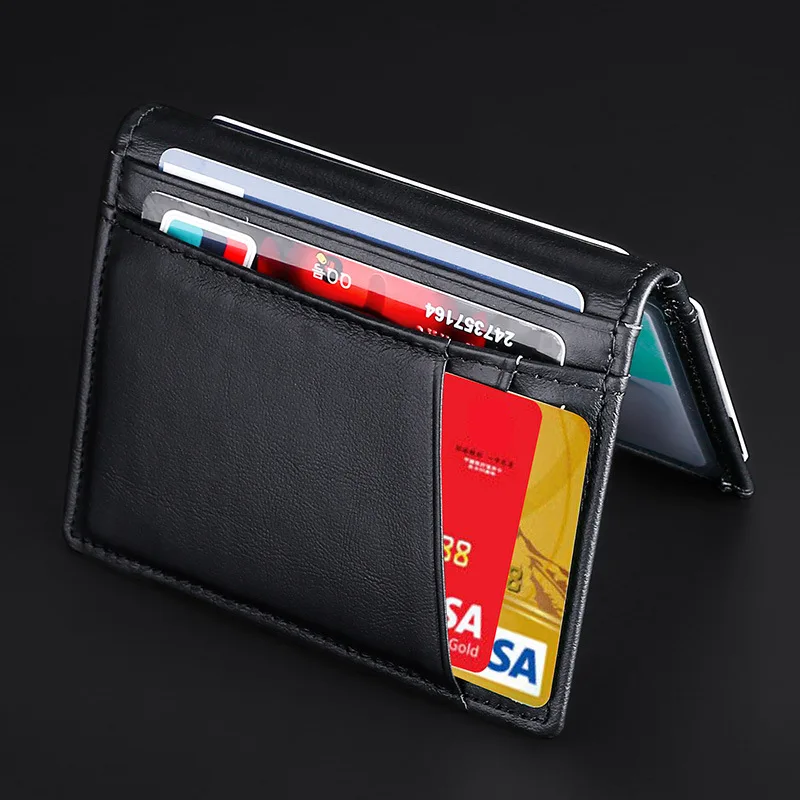 Homens minimalista fino titular do cartão de crédito carteira masculina couro genuíno bolsa de cartão de banco ultra fino mini pequeno rfid id