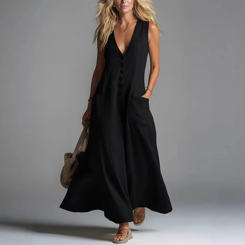 

Women's Casual Imitation Linen Blend Maxi Dress V Neck Single-breasted Sleeveless Loose Fit with Pockets Summer Beach Dresses