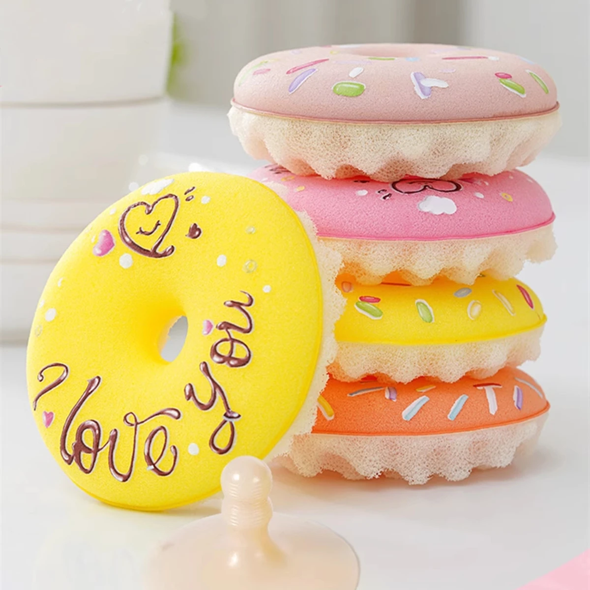 Dish Sponge with Suction Cup Kitchen Sink Sponge Holder Non-scratch Donut Sponge Set with Suction Cup Quick Drainage for Kitchen