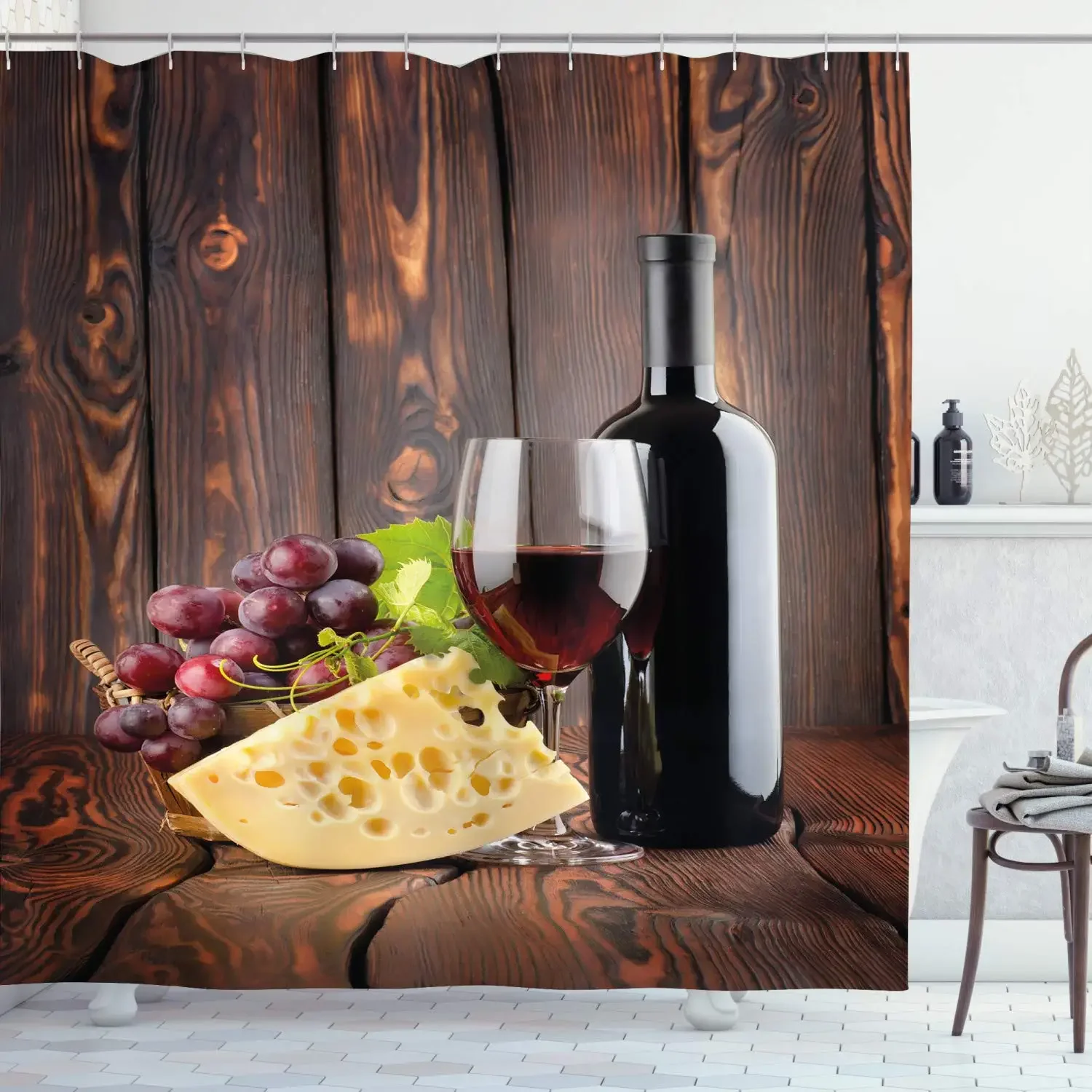 Cortina de Ducha con Diseño de Vino, Botella de Cabernet Roja y Copa, Queso y Uvas sobre Tablas de Madera, Cortinas de Baño de Tela Estampada con Ganchos