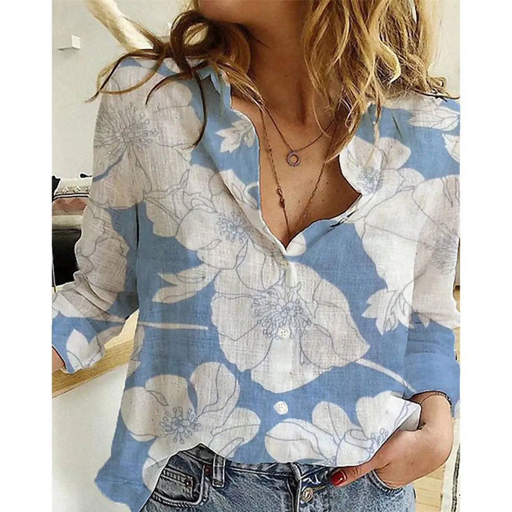 2024 New Elegant Women\'s Floral Printed Long Sleeve Shirts Spring Basic Lapel Button Down Shirts Breathable Summer Top Plus Size