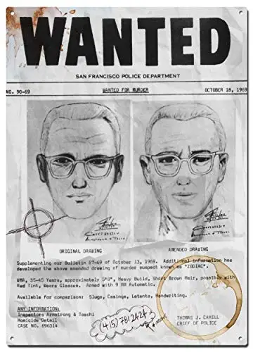 Zodiac Killer Wanted Metal Tin Signs, Pop Culture Poster, Decorative Signs Wall Art Home Decor - 8X12 Inch (20X30 cm)