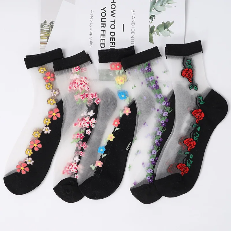 5/10 Pairs Women Floral Print Mid Tube Socks Summer Thin Design Sweat Absorbing Breathable Comfortable Casual Women silk socks ﻿ image 6