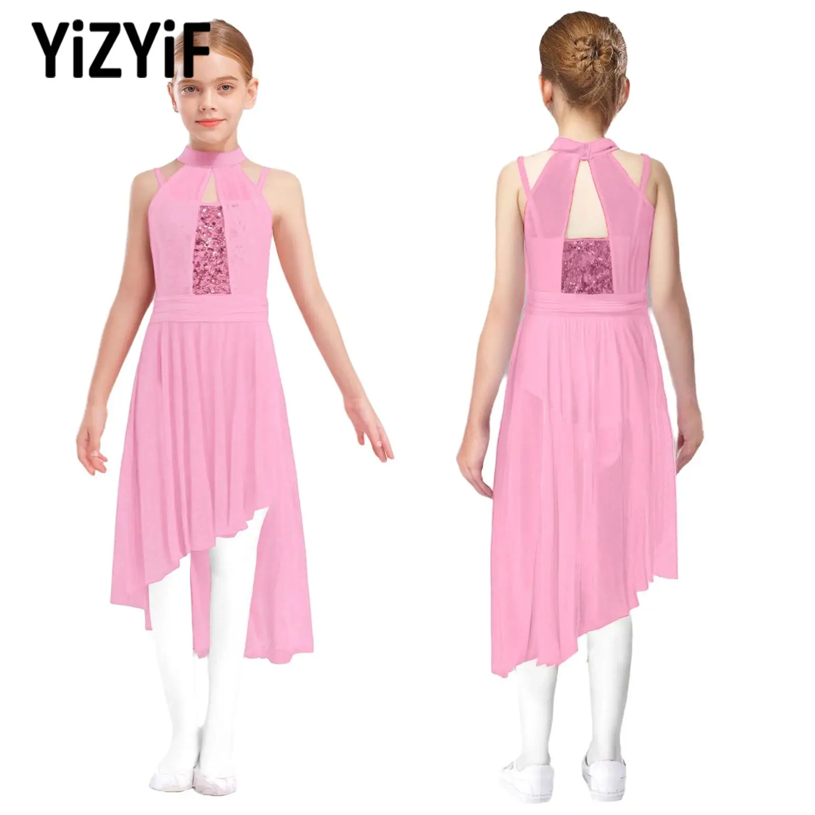 

Kids Lyrical Contemporary Dresses Sparkly Sequins Elegant Tutu Children Dance Costumes Girls Sleeveless Skating Dance Clothing