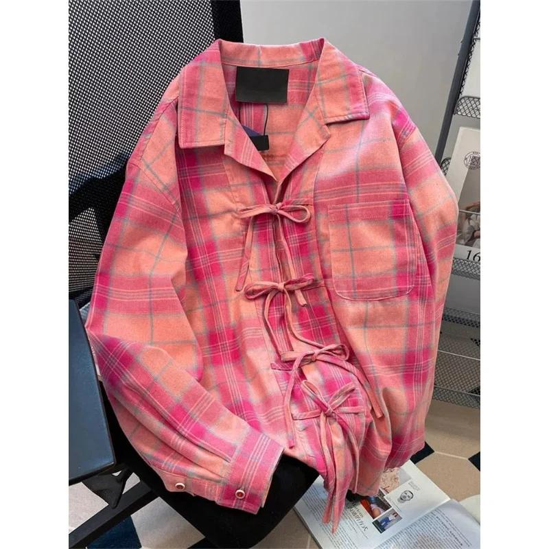 Sweet and Spicy Dopamine Pink Strap Plaid Shirt Jacket for Women\'s Spring New Design Loose Long Sleeved Shirt Top