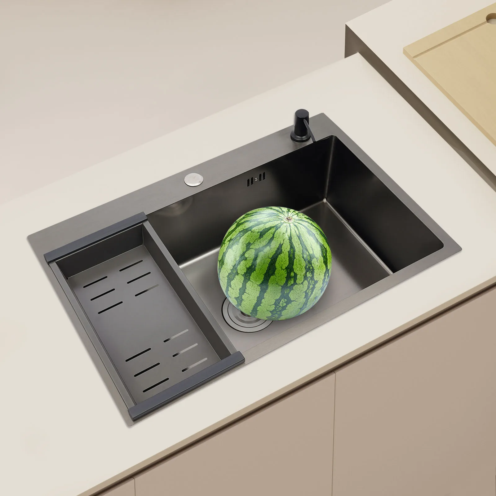 Stainless Steel Kitchen Sink with Draining Basket Soap Dispenser Utility Sink and Drainer with Efficient for Home Kitchen