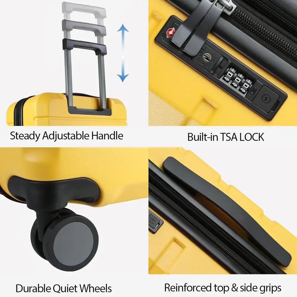 Expandable 20-Inch Yellow Hardshell Luggage with Spinner Wheels, Built-in TSA Lock, and USB Port