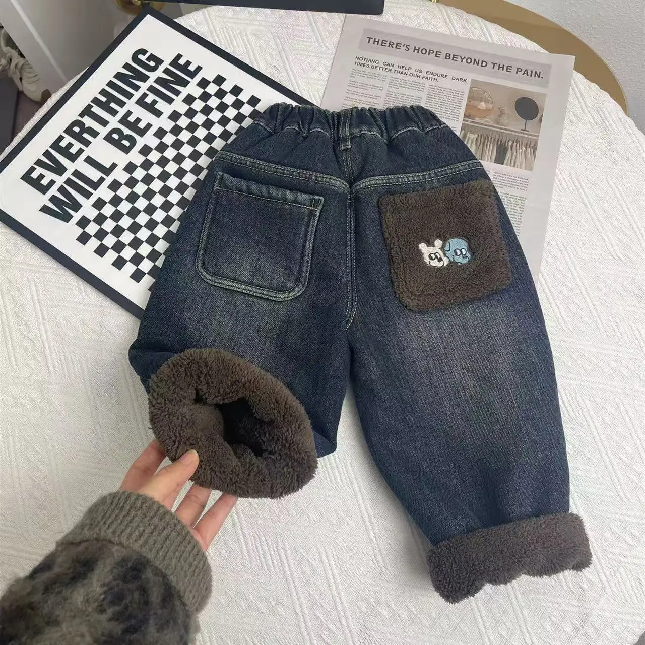 Boys Winter Fleece Lined Jeans New Thick Warm Integrated Velvet Long Denim Pants for Little Kids