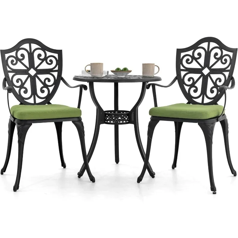 Bistro Set 3 Piece Outdoor, Cast Aluminum Patio Bistro Sets with Umbrella Hole and Green Cushions, Bistro Table and Chairs Set