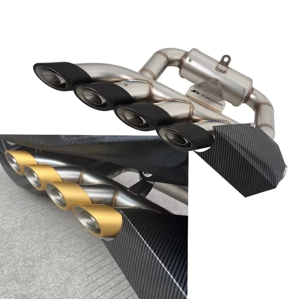 Quad exhaust modification for Benda LFC700 motorcycles: LFC700 concealed carbon fiber Akrapovic exhaust pipe accessory. LFC700