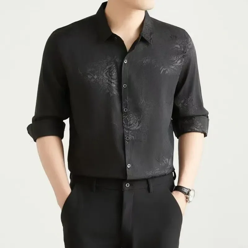 

Men's Black Floral Jacquard Shirt Long Sleeve Casual Button-Down Regular Fit Business Top