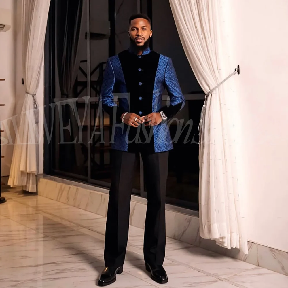 Advanced Blue Jacquard Men's Suit 2 Pieces Jacket Pants Black Velvet Pacthwork Male Blazer High-end Traje De Hombre Elegante