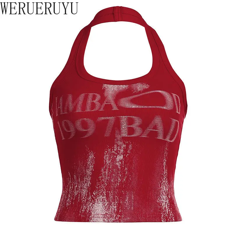 Sexy Backless Halter-neck Tank Top Women Y2k Vintage Clothes Summer Streetwear Letter Print Sleeveless Red Vest Top Woman 2024