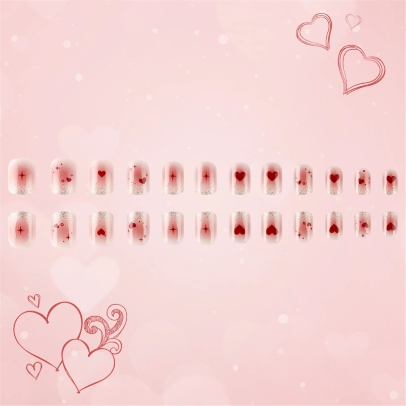 24x Heart Full Cover Stick on Nails Glittering False Nails Valentine's Day Press On Nails Artificial Nails for Winter