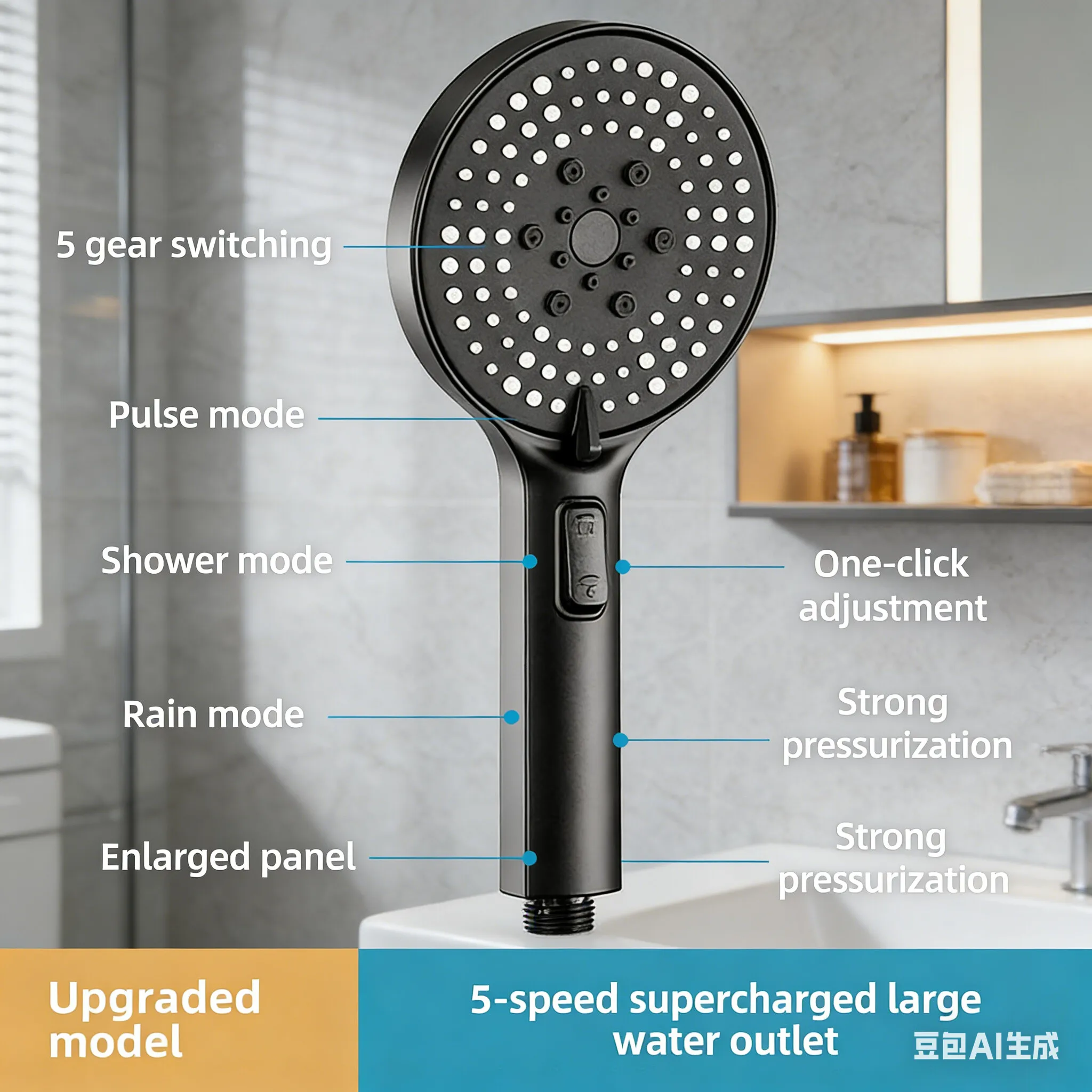 

Boosting showerhead, bathroom shower with high pressure and water output, showerhead