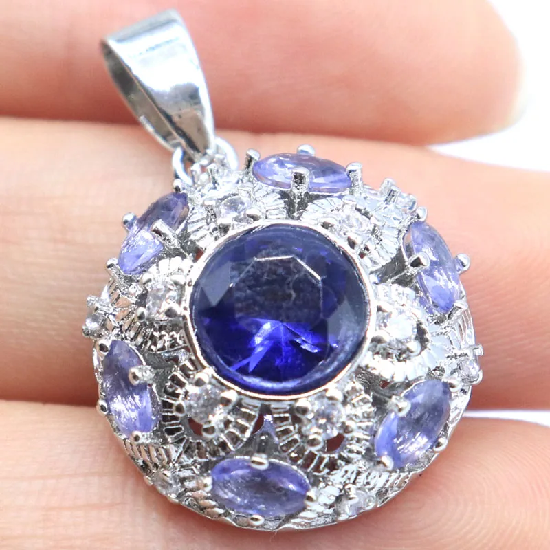 Buy 4 Get 1 Free 30x20mm SheCrown Hollow Round Rich Blue Aquamarine Purple Spinel Pink Kunzite Silver Pendant