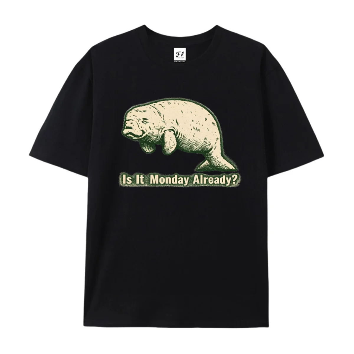 Unisex O Neck Short Sleeve T Shirt Is It Monday Already Manatee Graphic Tee Retro Animal Print Casual Humor Slogan Daily Wear