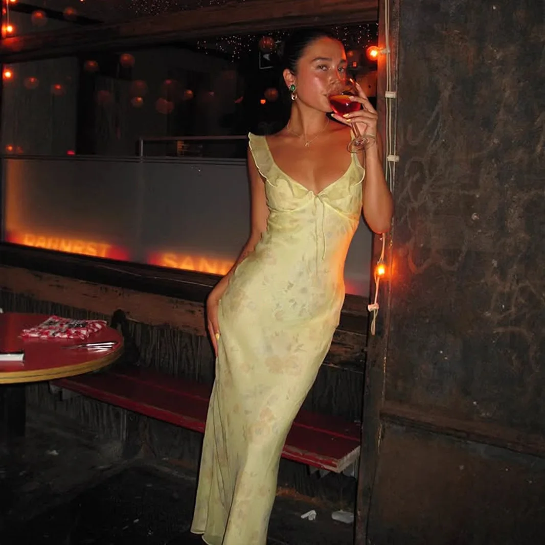 Retro V Neck Dress Yellow Sleeveless Flower Print Maxi Long Dress Ruffle High Waist Slim Dresses Elegant Holiday Party Vestidos