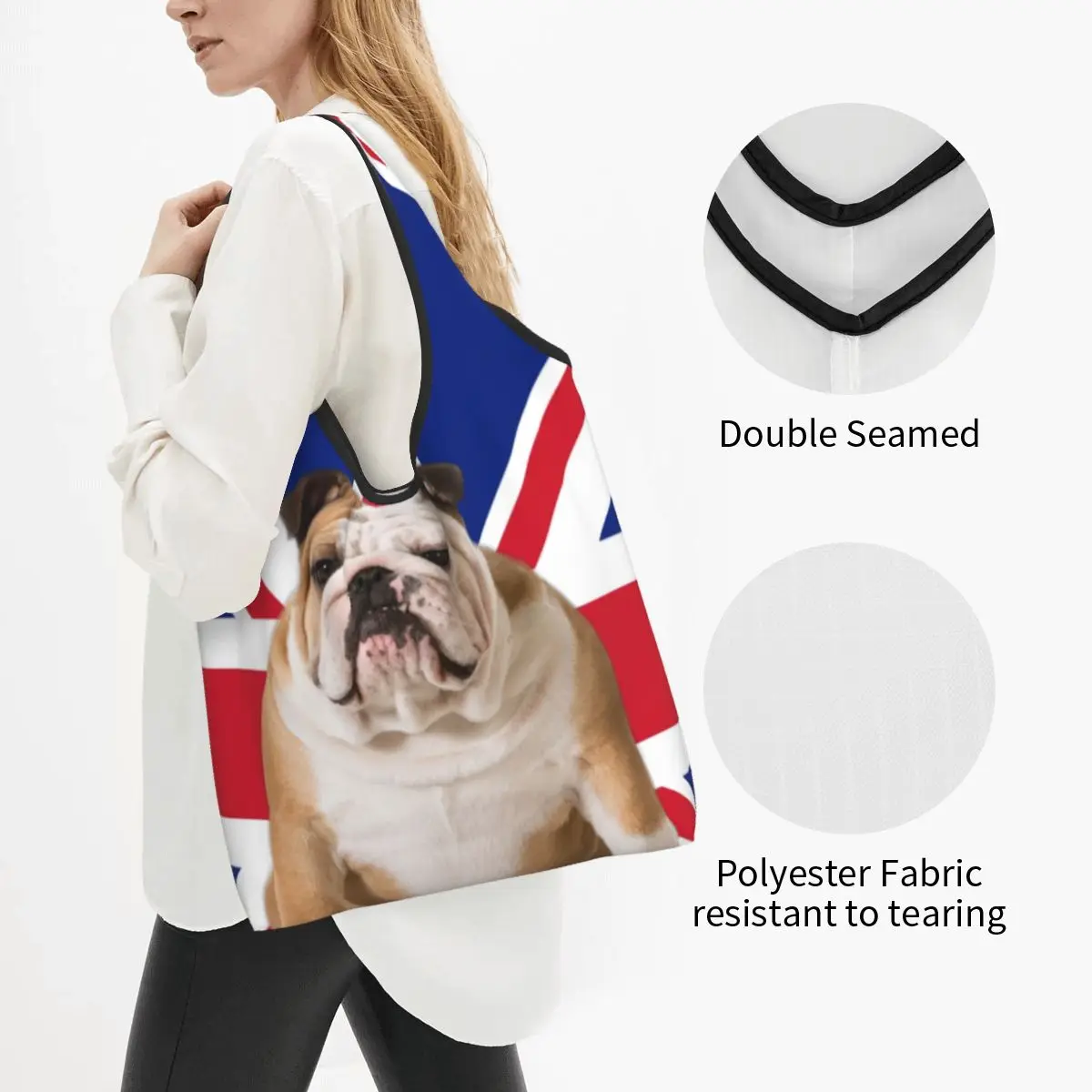 Union Jack English Bulldog Grocery Shopping Tote Bags Cute British Flag Patriotic Dog Shopper Shoulder Bags  Handbags