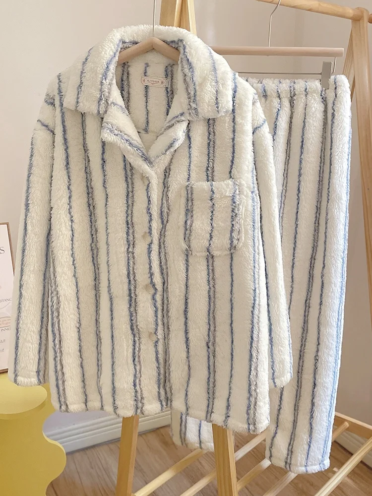 

Blue Striped Coral Fce Thiened Women's Spwear Cardigan Home Clothes Autumn Winter Outerwear Cute Cartoon Sle Long S...