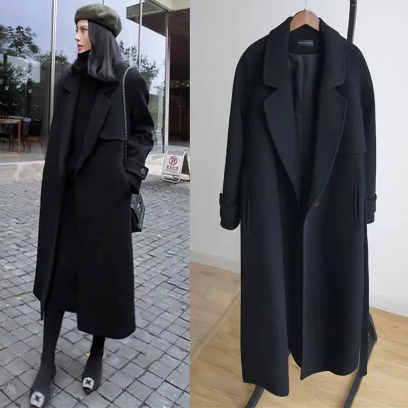 Black Woolen Jacket Women\'s New Popular With belt High-end Double-sided Cashmere Overcoat Autumn And Winter Thickening Wool Coat