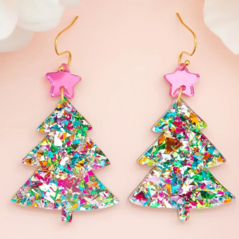 Christmas Tree Acrylic Dangle Earrings 18k GOLD Hook Ear Women's Fashion Pink Multi-Color Festive Jewelry Gifts for Girls Mom