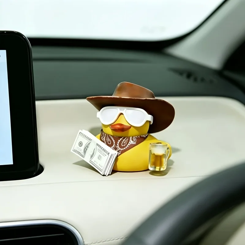 3/1 Piece Set of Cool and Stylish Money-Making Duck Car Ornaments, Cowboy Hat and Scarf Design, Fashionable Car Interior Decoration Items, Western Cowboy Little Yellow Duck Car Ornaments, Sunglasses, Money, Beer Cup, Resin Car Dashboard Interior Decoration, Halloween and Christmas Gifts - view 4