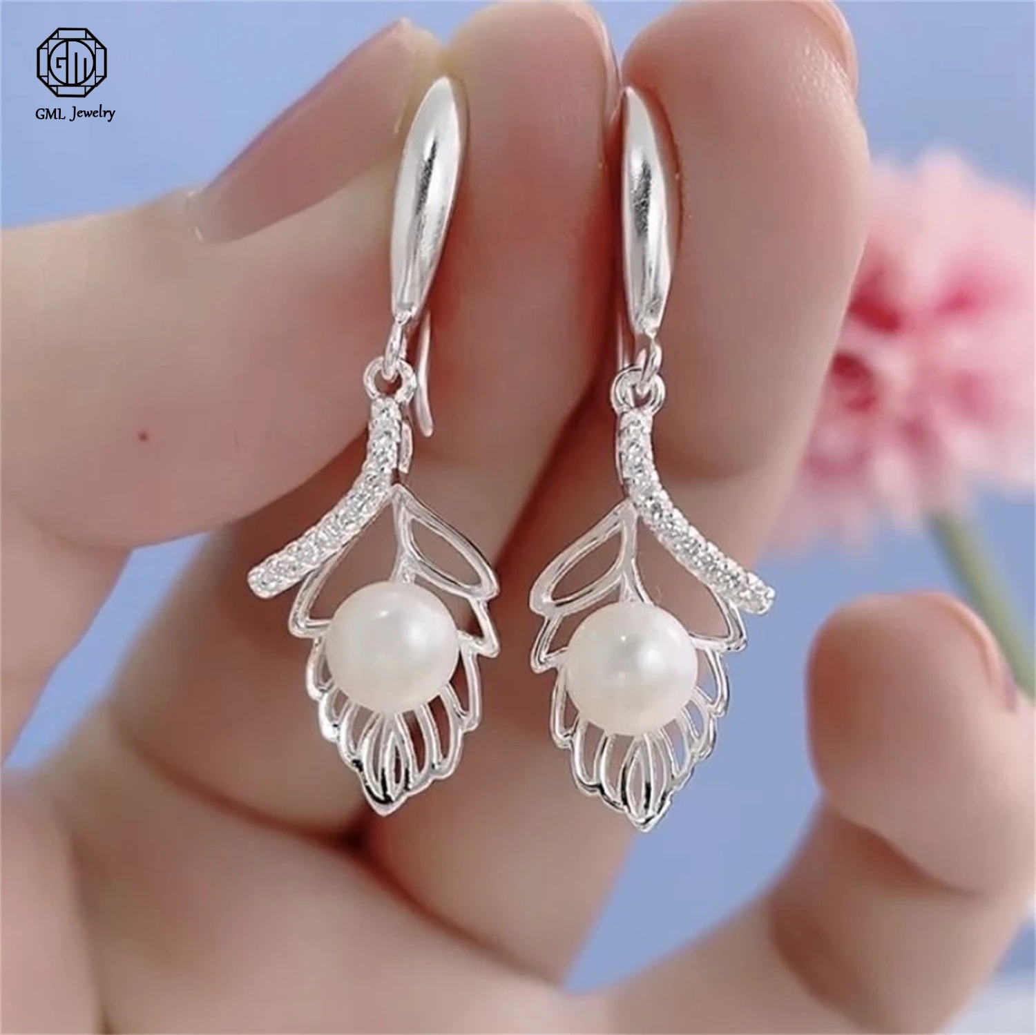 999 Sterling Silver Pearl Leaf Earrings Ear Hook Dangle Drop Elegant Vintage Nature Inspired Trendy Luxury Women Jewelry Gift Id