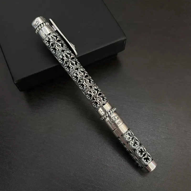 Baroque Pattern Relief 925 Ball Pen Petal Openwork Silver Electroplating Craft Signature Collectible Ballpoint Pens Ballpoint