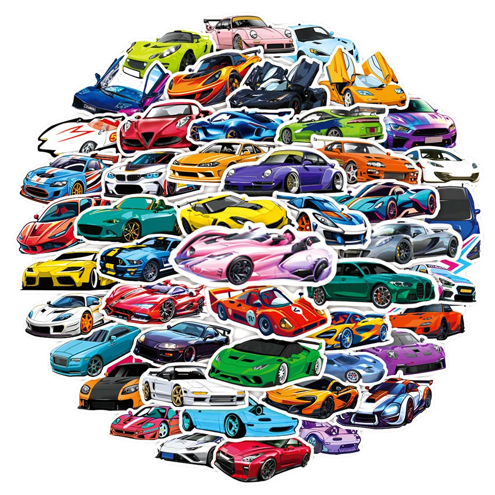 10/30/50pcs Cartoon Supercar Retrofit Racing Stickers Cool Kid Decals Toy DIY Notebook Skateboard Laptop Decoration Sticker Pack