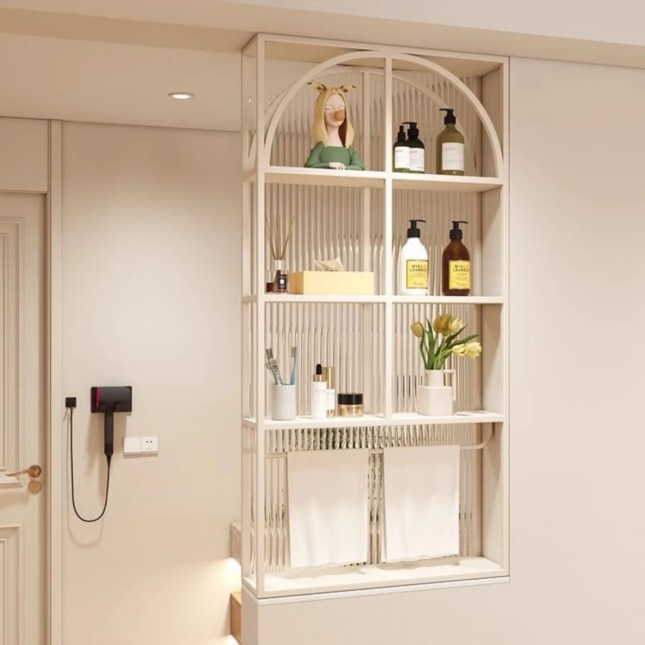 Cream wind bathroom washstand dry and wet area screen rack Changhong glass water ripple half wall partition rack