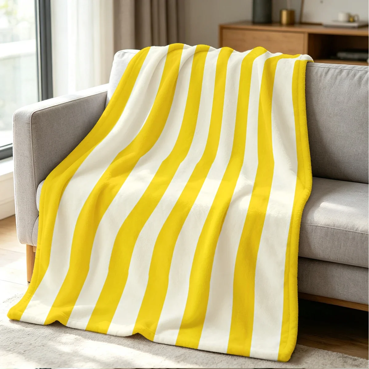 Chunky Knit Yellow and White Stripe Throw Blanket Cozy Sofa Bedding for Living Room Decor