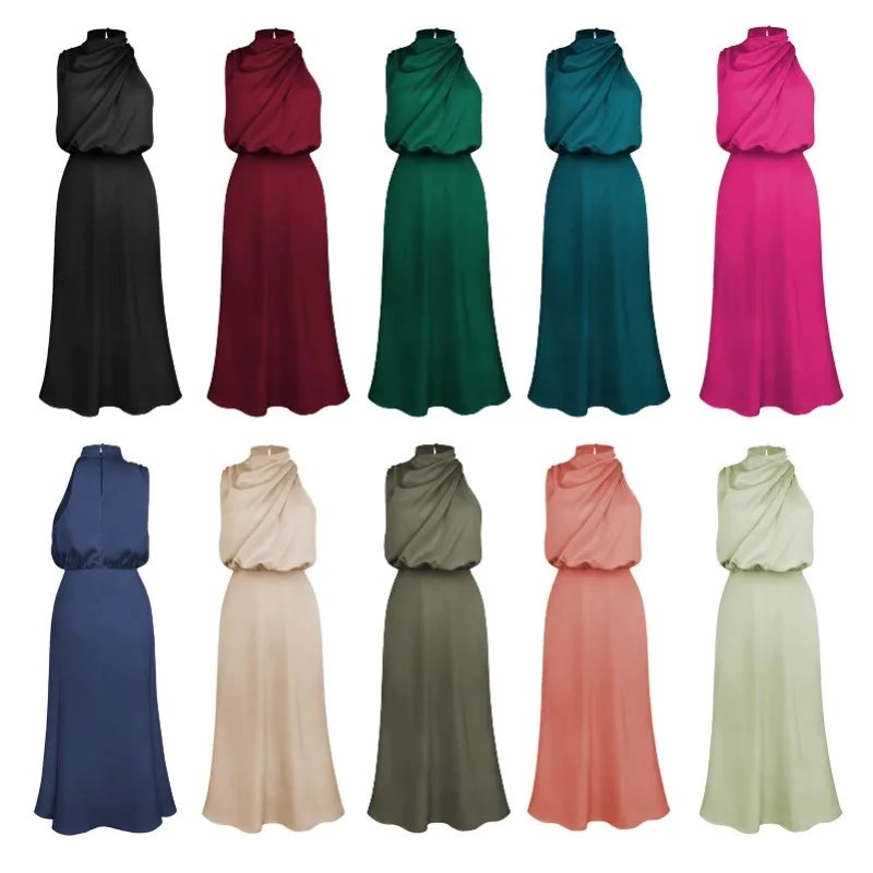 Talenza Elegant ซาตินชุดราตรีแฟชั่นแขนกุดเอวสูงชุดเดรสผู้หญิงคนดังคอชุดยาว