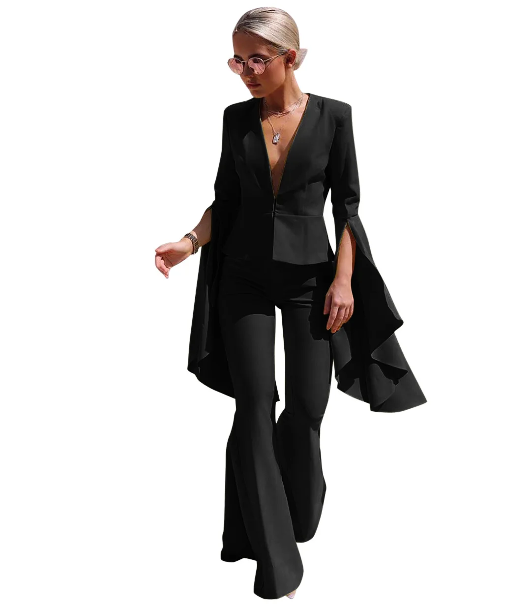 VANHAO Streetwear Chic Sleeve Blazer and Long Flare Pants Solid Color Two Piece Set Women Outfit 2023 Wholesale Dropshipping